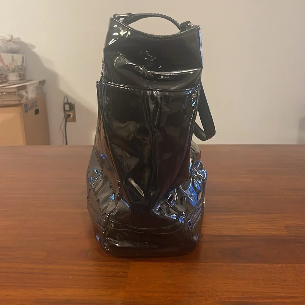 Coach ladies black patent leather tote. Green lining. F24893.